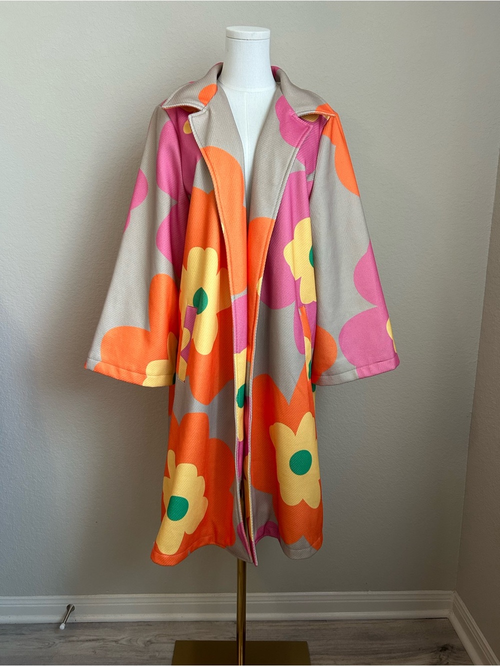 DAVI & DANI Beige Floral Swing Coat with Pink, Orange & Yellow